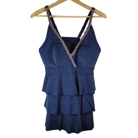 Cacique No Wire Swim Tankini Blue Size 14 Braided Strap V Neck Shelf Bra Ruffle - Picture 1 of 13